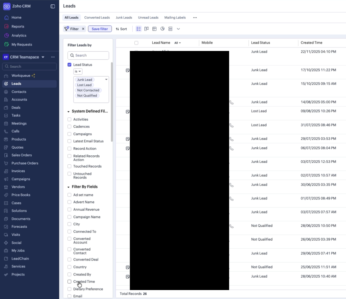 Zoho CRM filtered to Junk Lead status, showing Total Records: 26 out of 1942 leads